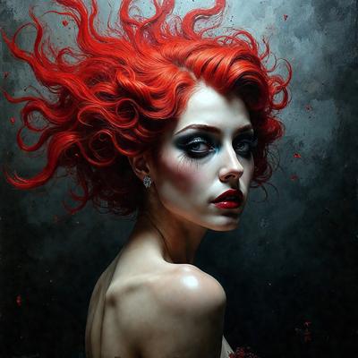 The primary subject of the image is a woman with red hair, wearing a dress and makeup. She is looking at the camera with a serious expression. The setting is a dark room, and the visual style is a painting or drawing. The colors and mood of the image are dramatic and intense, with the red hair and makeup adding to the overall atmosphere.